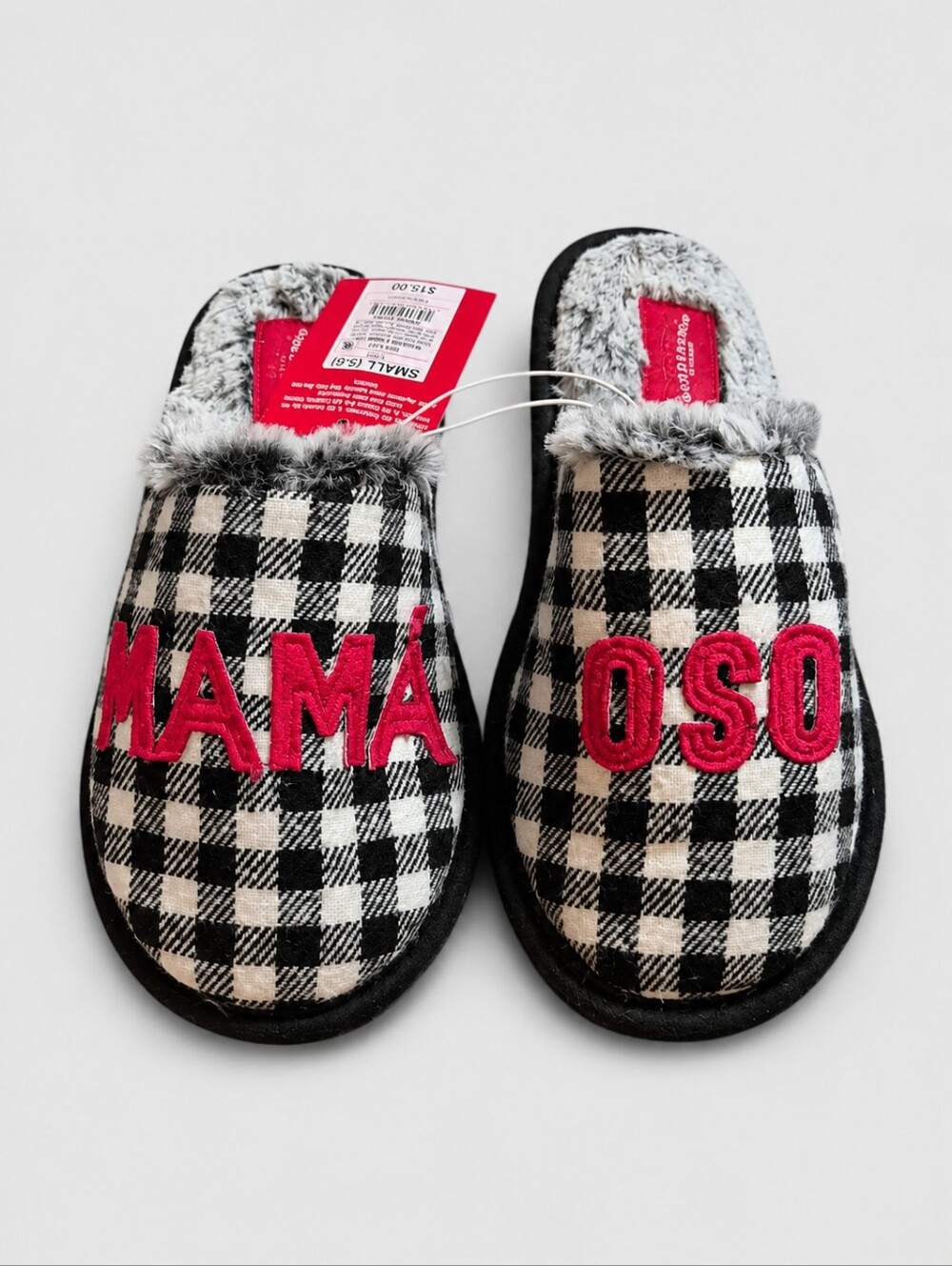Wondershop Women's Black & White Plaid Slippers with Red Embroidery - NWT
